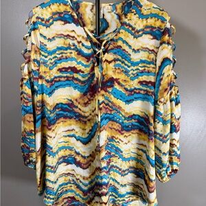 Cato Multicolor Wave-Print Cold-Shoulder Tunic in Yellow, Teal & Maroon